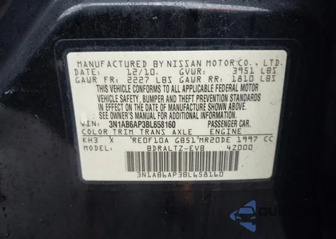 2011 Nissan Sentra 2.0Sr z USA, uszkodzony, nr VIN 3N1AB6AP3BL658160